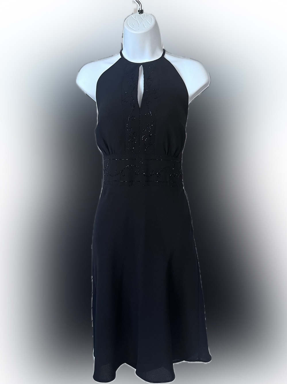 Y2K Whimsygoth Black Halter Dress with Sequin Neckline and Waist Size 10
